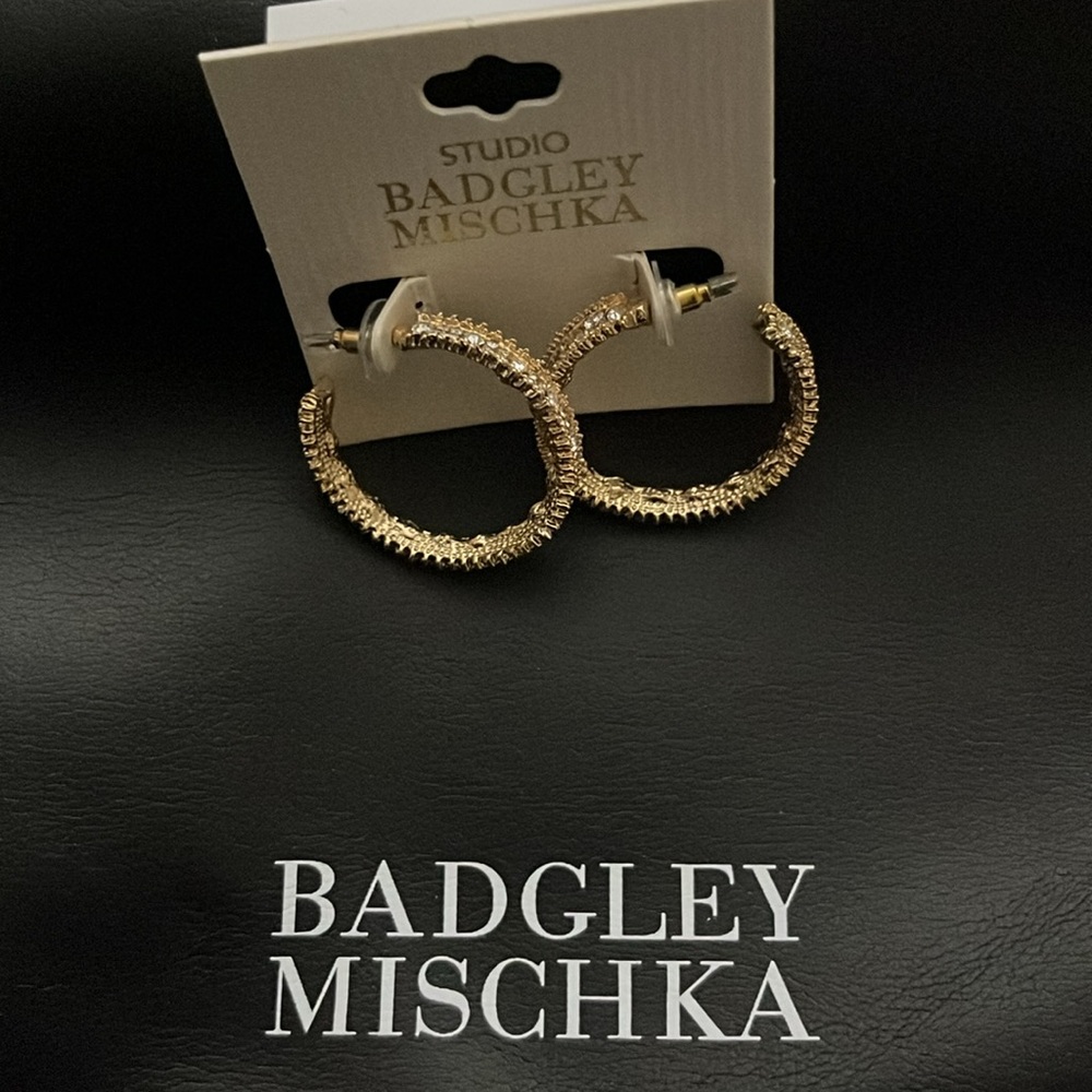 NWOT Badgley Mischka Gold-tone Beaded Rhinestone C-Hoop Earrings